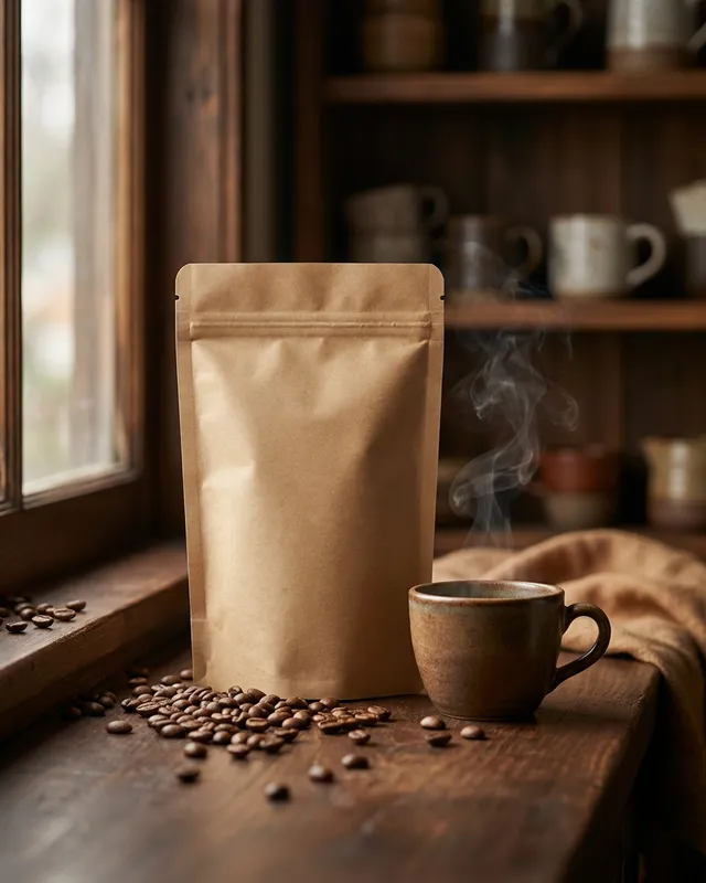 Foto reklame e krijuar me AI: Kafe · Dritë mëngjesi